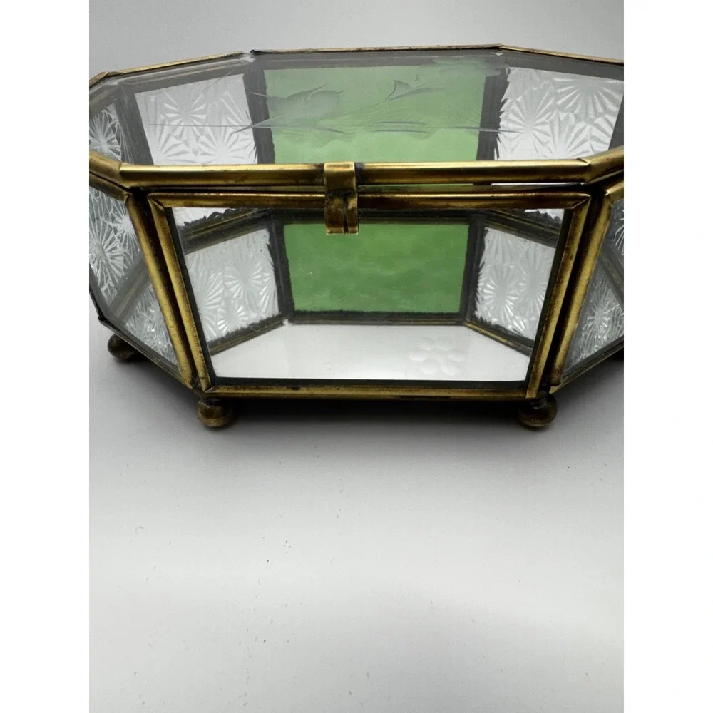 1980's Octagonal Glass Jewelry Box with brass tone frame Etched